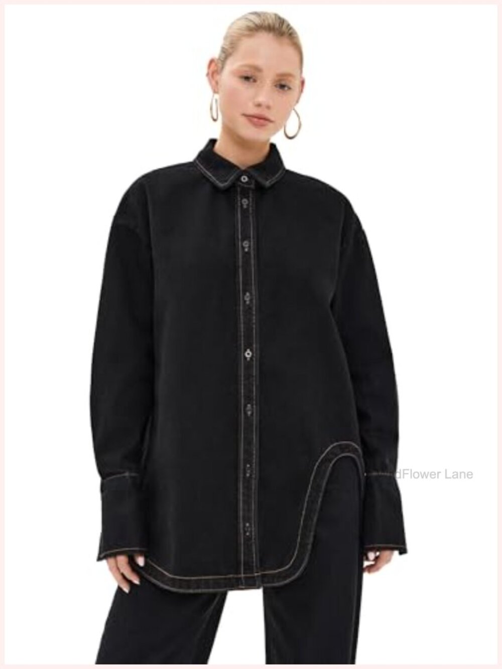 Mid-Weight Non-Stretch Denim Button-Down Shirt Asymmetrical Hem